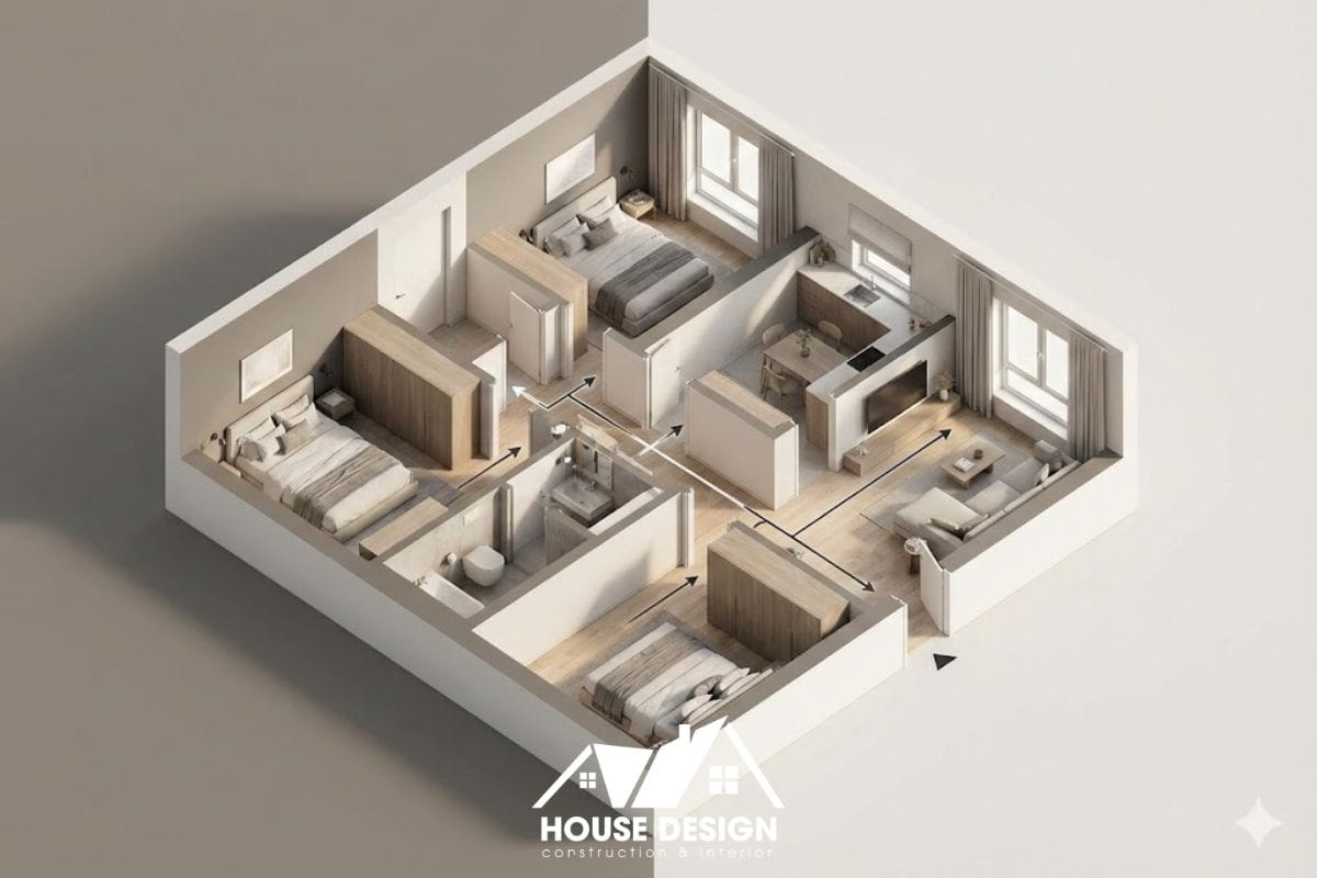 Mô hình 3D căn hộ 75m2 tối giản với hành lang xương sống