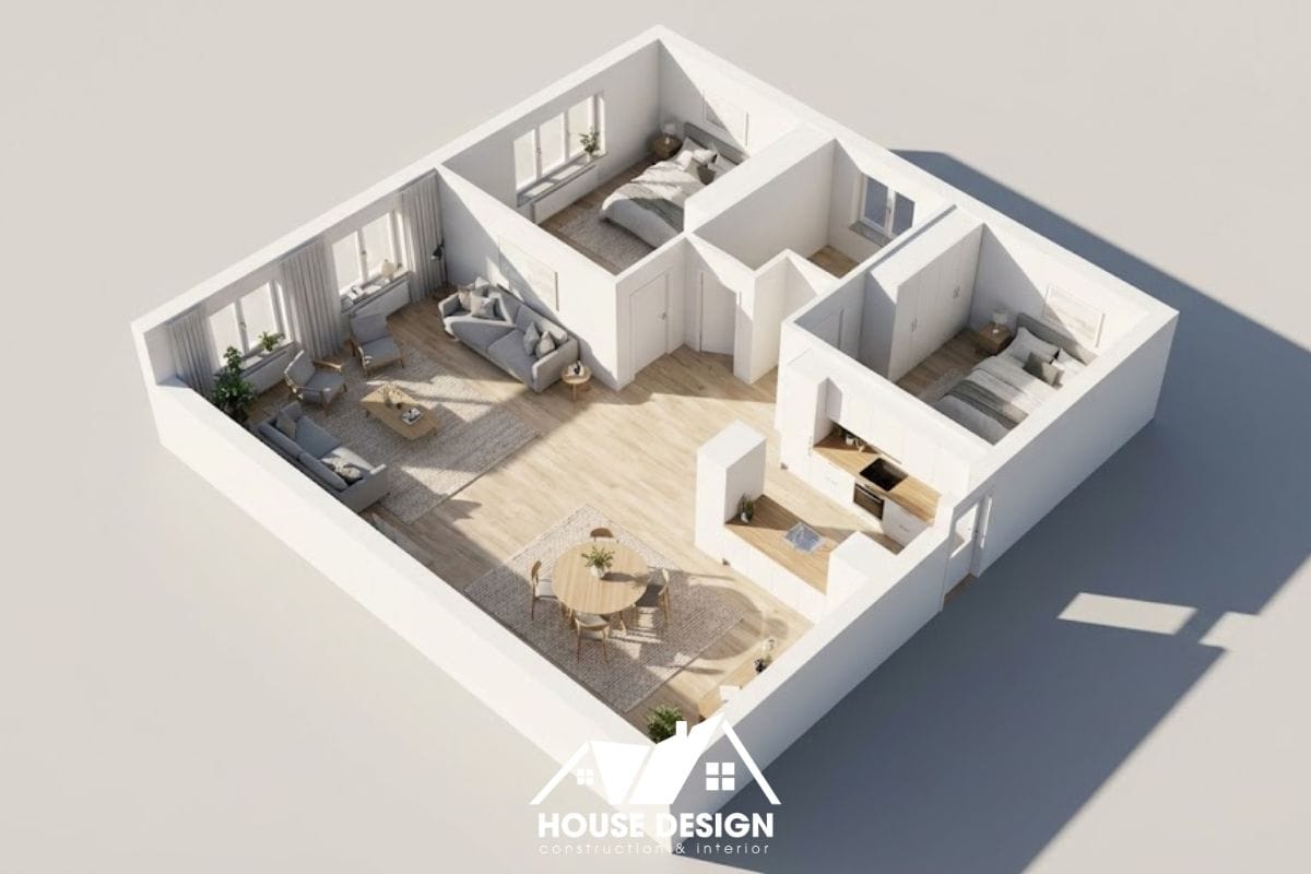 bản vẽ 3d nội thất căn hộ 80m2 không gian mở phong cách scandinavian