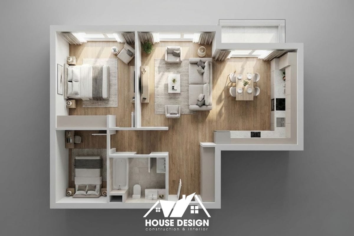 bản vẽ 3D mặt bằng bố trí nội thất căn hộ 90m2 2 phòng ngủ tiện nghi