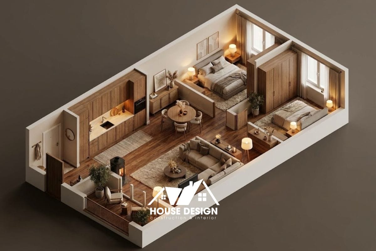 bố trí nội thất căn hộ chung cư 45m2 hình chữ nhật dài