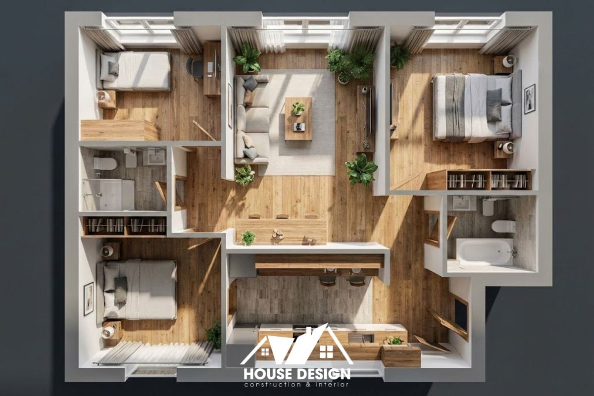 sơ đồ 3d căn hộ 90m2 3 phòng ngủ có bếp dạng hành lang dọc