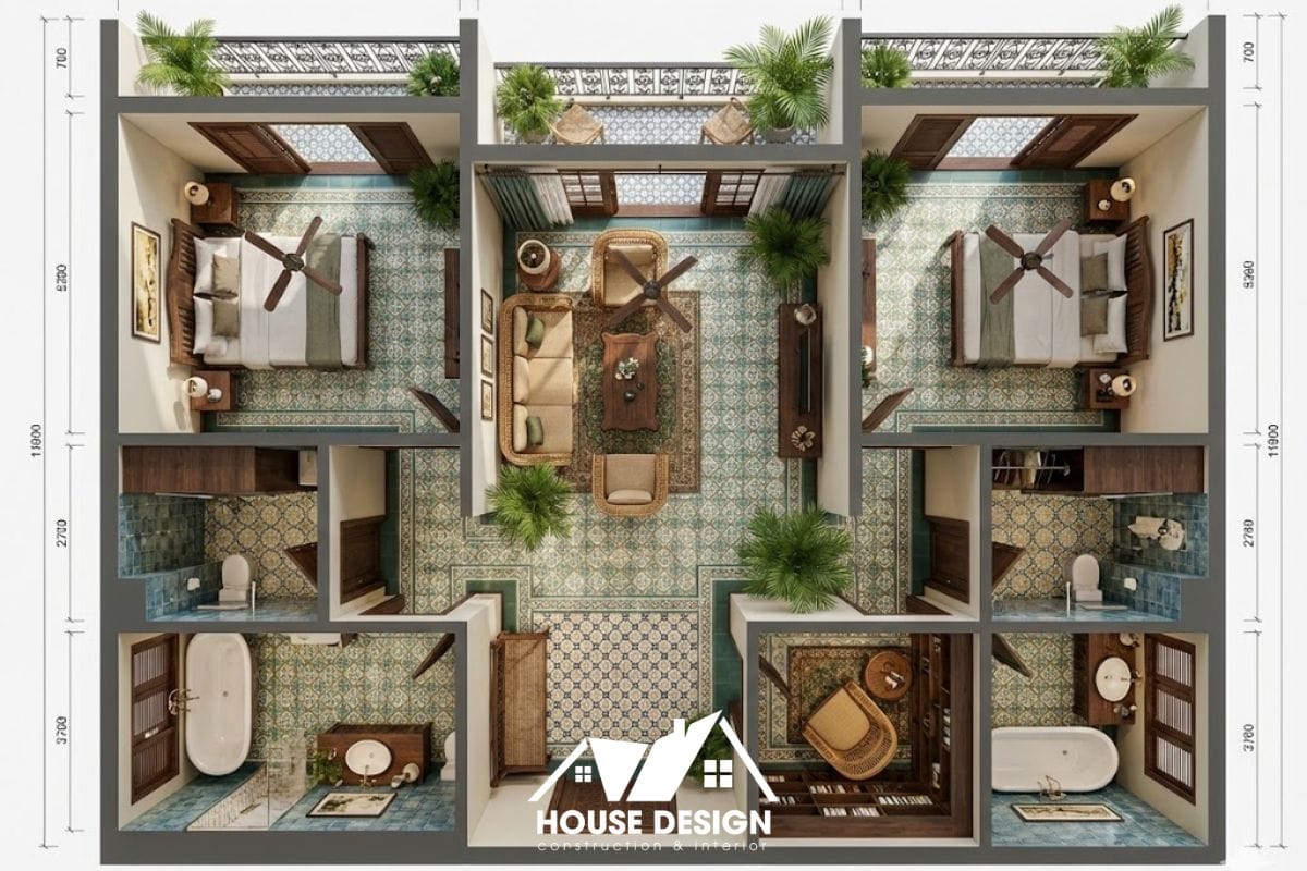 thiết kế mặt bằng căn hộ 90m2 phong cách indochine có nhiều ban công