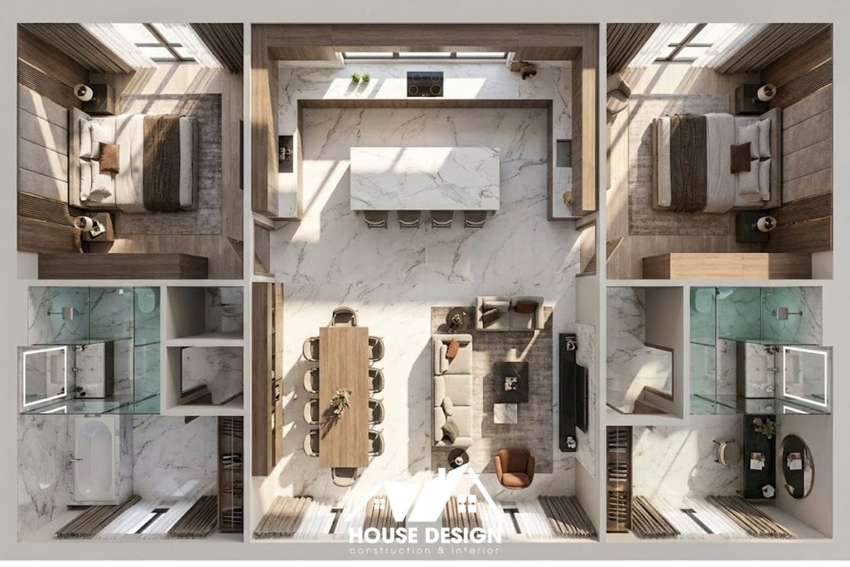 layout căn hộ 90m2 cao cấp 2 phòng ngủ nằm tách biệt hai đầu