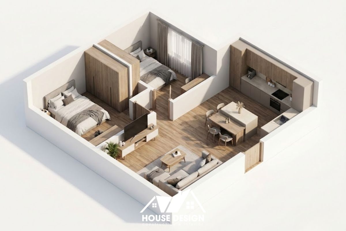 bản vẽ 3D căn hộ 45m2 bố trí phòng khách ở giữa và 2 phòng ngủ hai bên