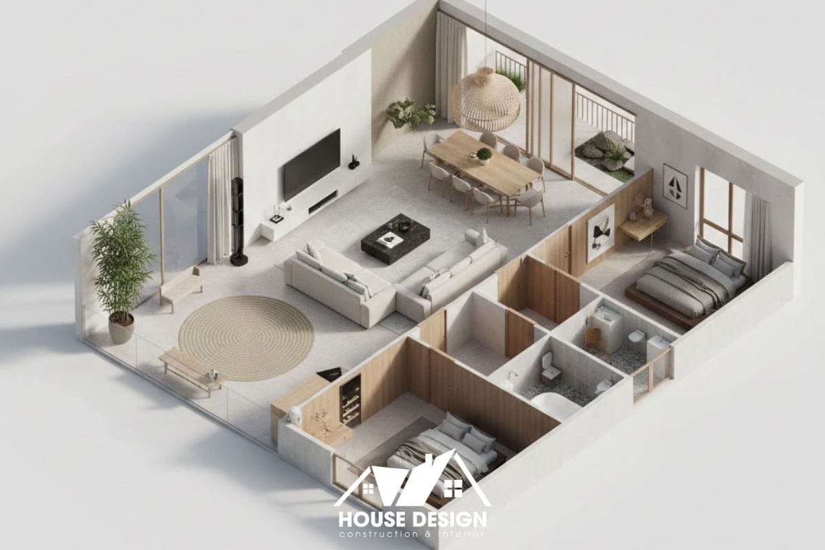 thiết kế 3d căn hộ 3 phòng ngủ cao cấp phong cách hiện đại