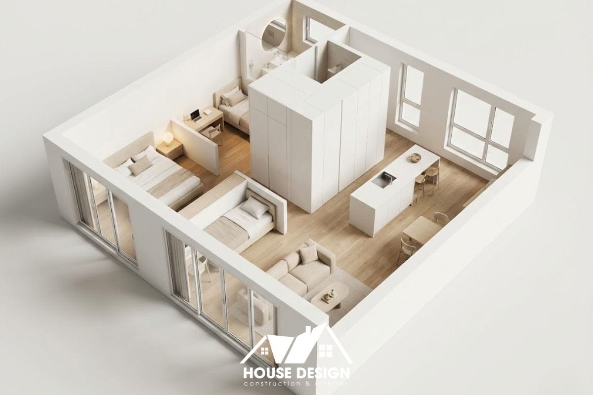 Mặt bằng 3D căn hộ 40m2 thiết kế mở hoàn toàn khách bếp, điểm nhấn là khối tủ lưu trữ ở giữa nhà.