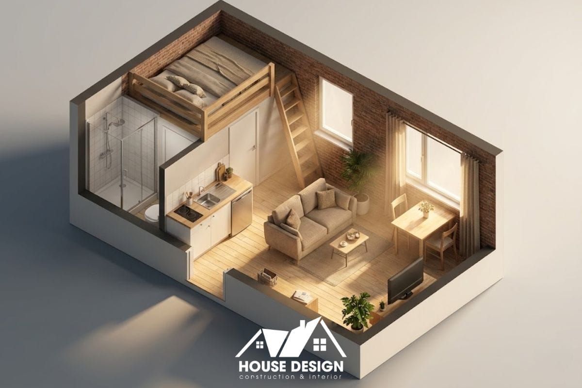 bản vẽ mặt cắt 3D tổng thể căn hộ mini 15m2 đầy đủ công năng