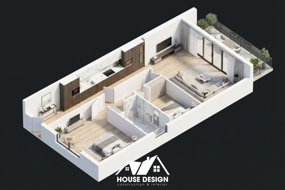 Bản vẽ 3D căn hộ chạy dọc theo trục ngang với bếp thẳng hiện đại.