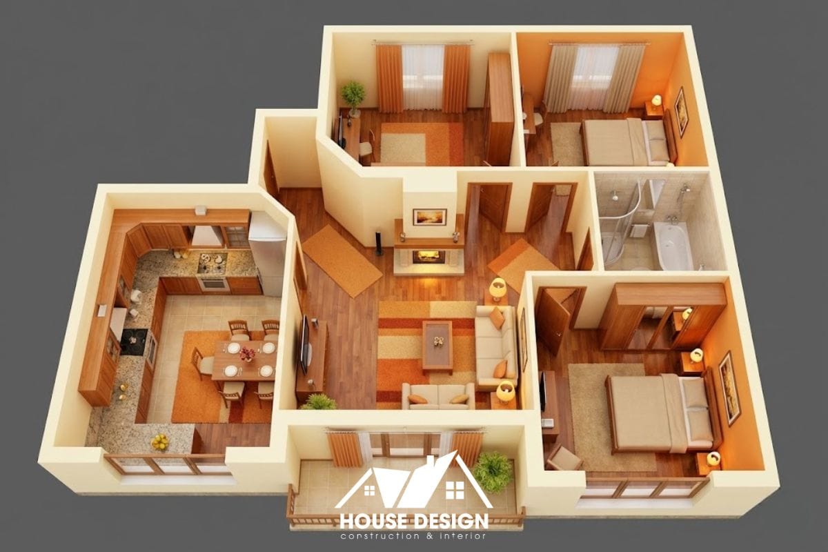 Sơ đồ 3D bố trí phòng khách nằm giữa kết nối các không gian chức năng.