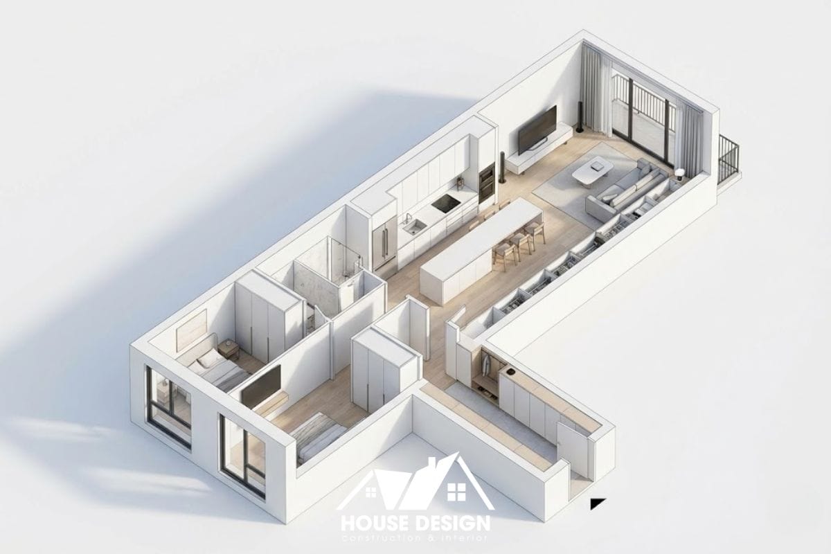 Thiết kế 3D căn hộ 65m2 dạng ống với trục giao thông thẳng tắp.