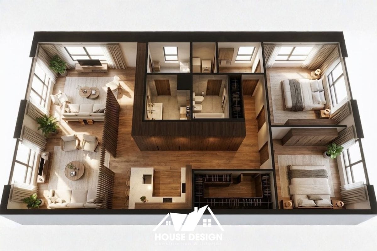 Thiết kế 3D gom khu vệ sinh và kho vào giữa căn hộ 65m2.