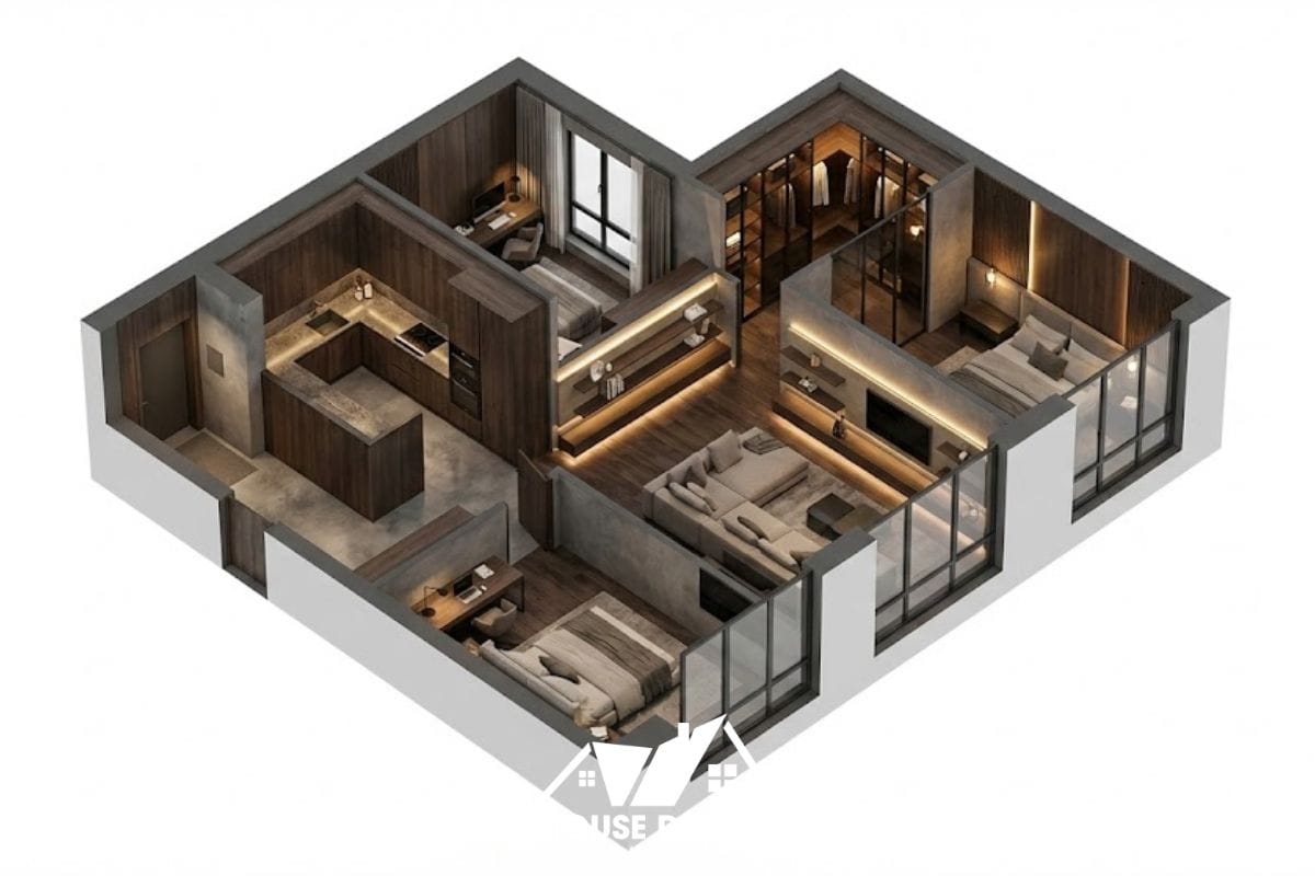 Sơ đồ 3D căn hộ 65m2 với phòng ngủ Master có phòng thay đồ riêng.