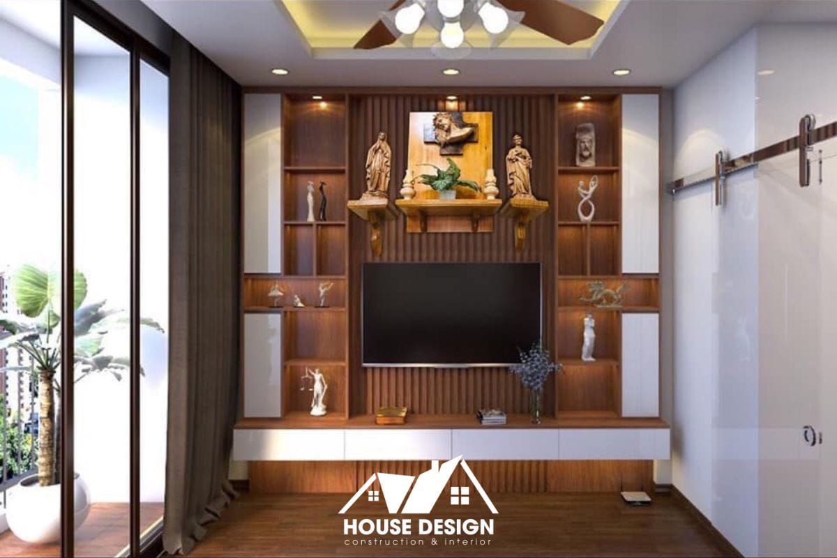 Mẫu bàn thờ treo tường gọn nhẹ tích hợp trên hệ tủ tivi dành cho phòng khách chung cư diện tích nhỏ.