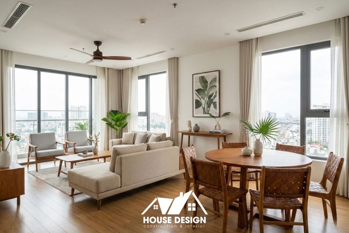 Mẫu phòng khách chung cư phong cách Indochine hiện đại, thiết kế gọn gàng, ít họa tiết.