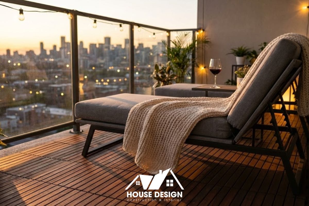 Mẫu thiết kế logia chung cư đẹp chill với ánh hoàng hôn và ghế thư giãn.