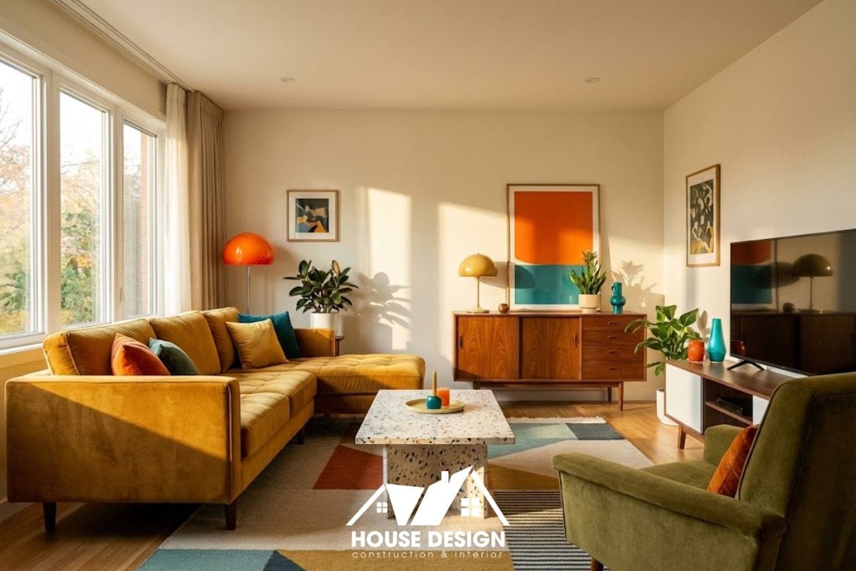 Tổng thể phòng khách Retro hiện đại kết hợp cây xanh và ánh sáng tự nhiên.