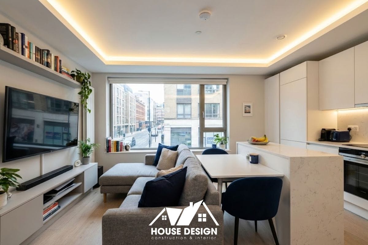 mẫu phòng khách liền bếp hiện đại cho chung cư diện tích vừa