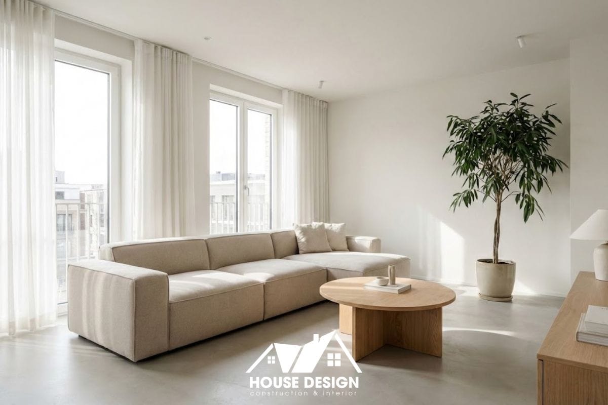Không gian phòng khách chung cư đẹp hiện đại năm 2026 với thiết kế tối giản, tông màu be sáng và cửa sổ lớn đón nắng.