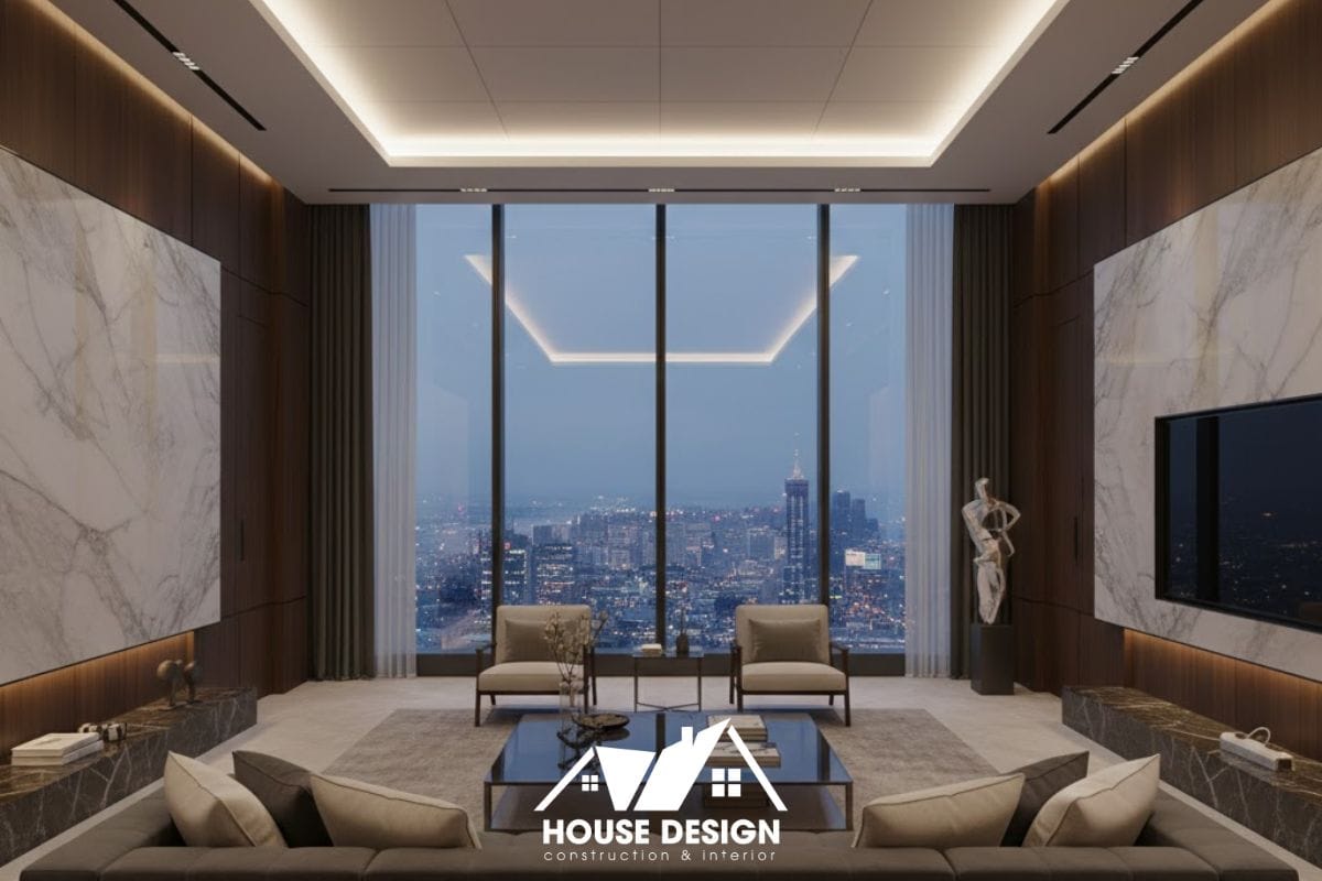 nội thất phòng khách chung cư hiện đại sang trọng với vật liệu cao cấp