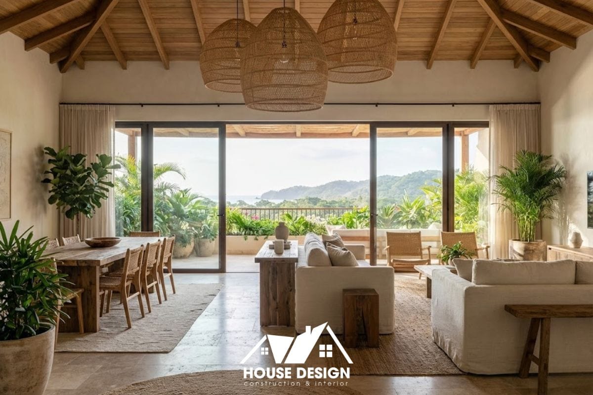 Thiết kế phòng khách chung cư phong cách nghỉ dưỡng với tầm nhìn thoáng và nội thất mây tre.