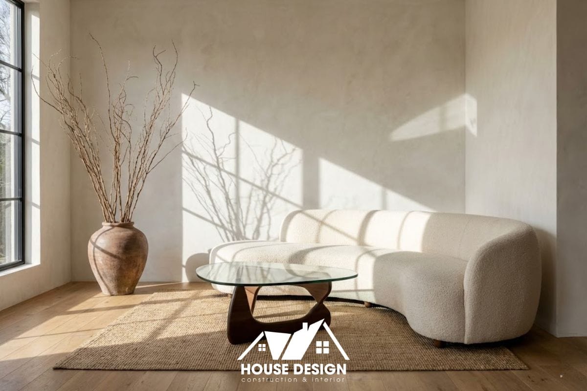 Góc phòng khách Japandi tối giản với ghế thư giãn và cây xanh trang trí.