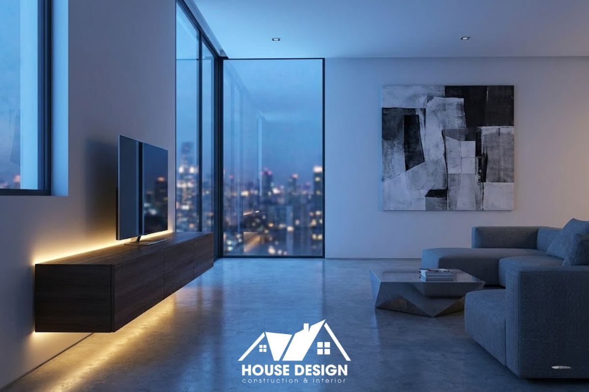 Phòng khách tối giản hiện đại với sự tương phản nhẹ giữa trắng và xám đen.