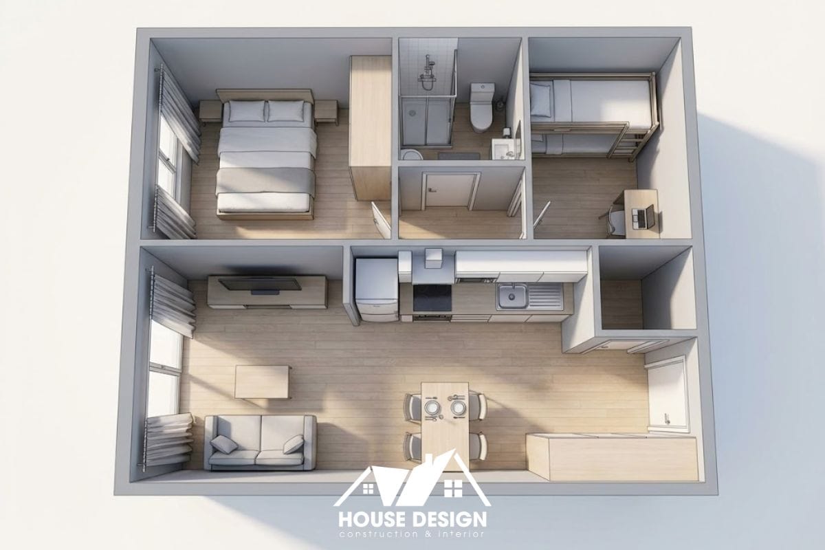 Layout 3D căn hộ 40m2 chia khối chức năng rõ rệt, phòng ngủ phụ sử dụng giường tầng.