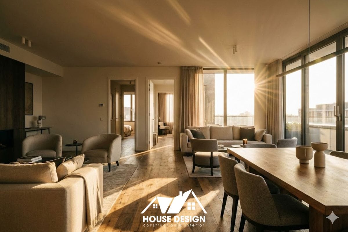Không gian phòng khách liền bếp sang trọng trong mẫu thiết kế chung cư 3 phòng ngủ cao cấp