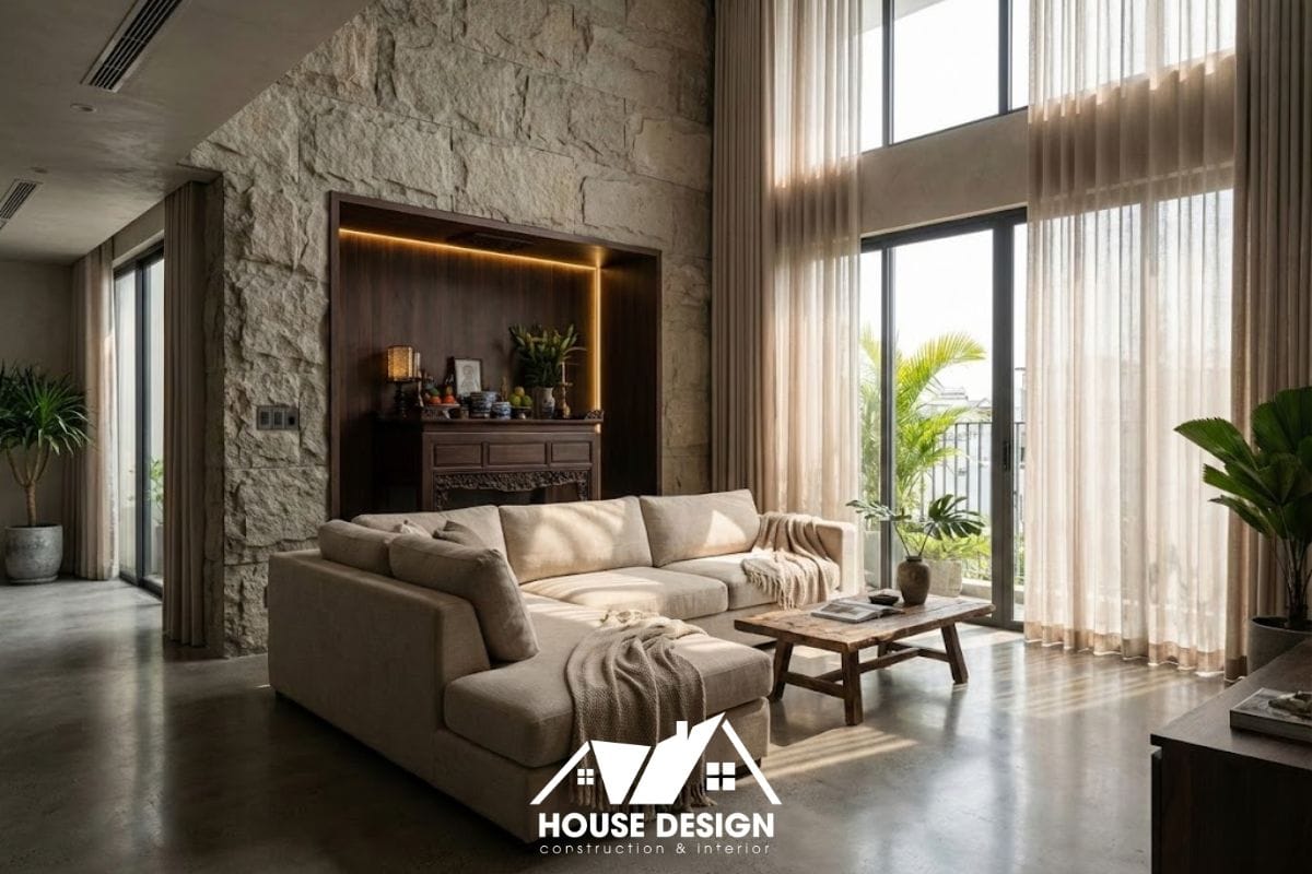 Mẫu thiết kế phòng khách chung cư hiện đại có bàn thờ gia tiên bố trí trang nghiêm, chuẩn phong thủy và hài hòa với nội thất.