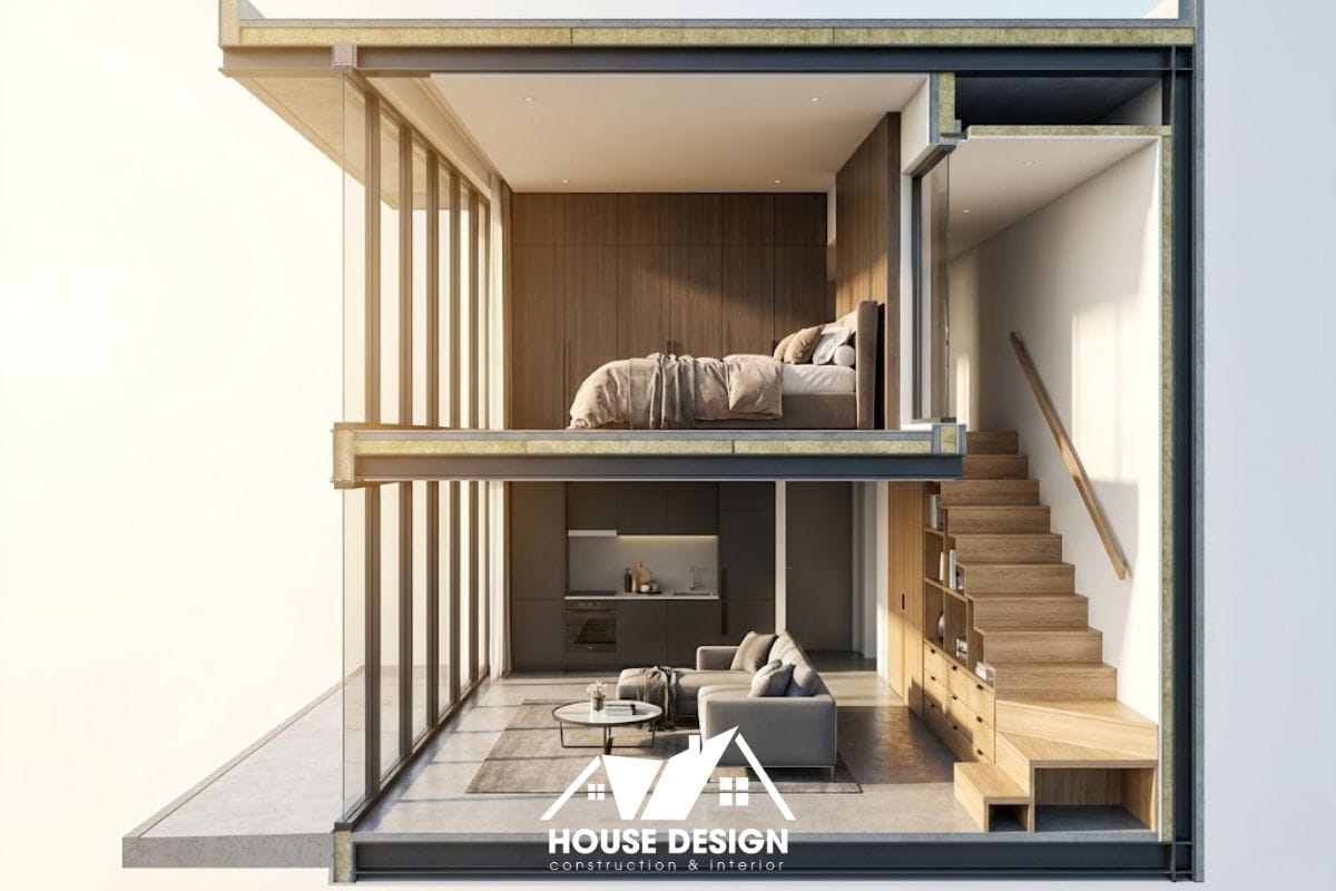 mô hình 3D mặt cắt căn hộ thông tầng với hệ cửa kính lớ