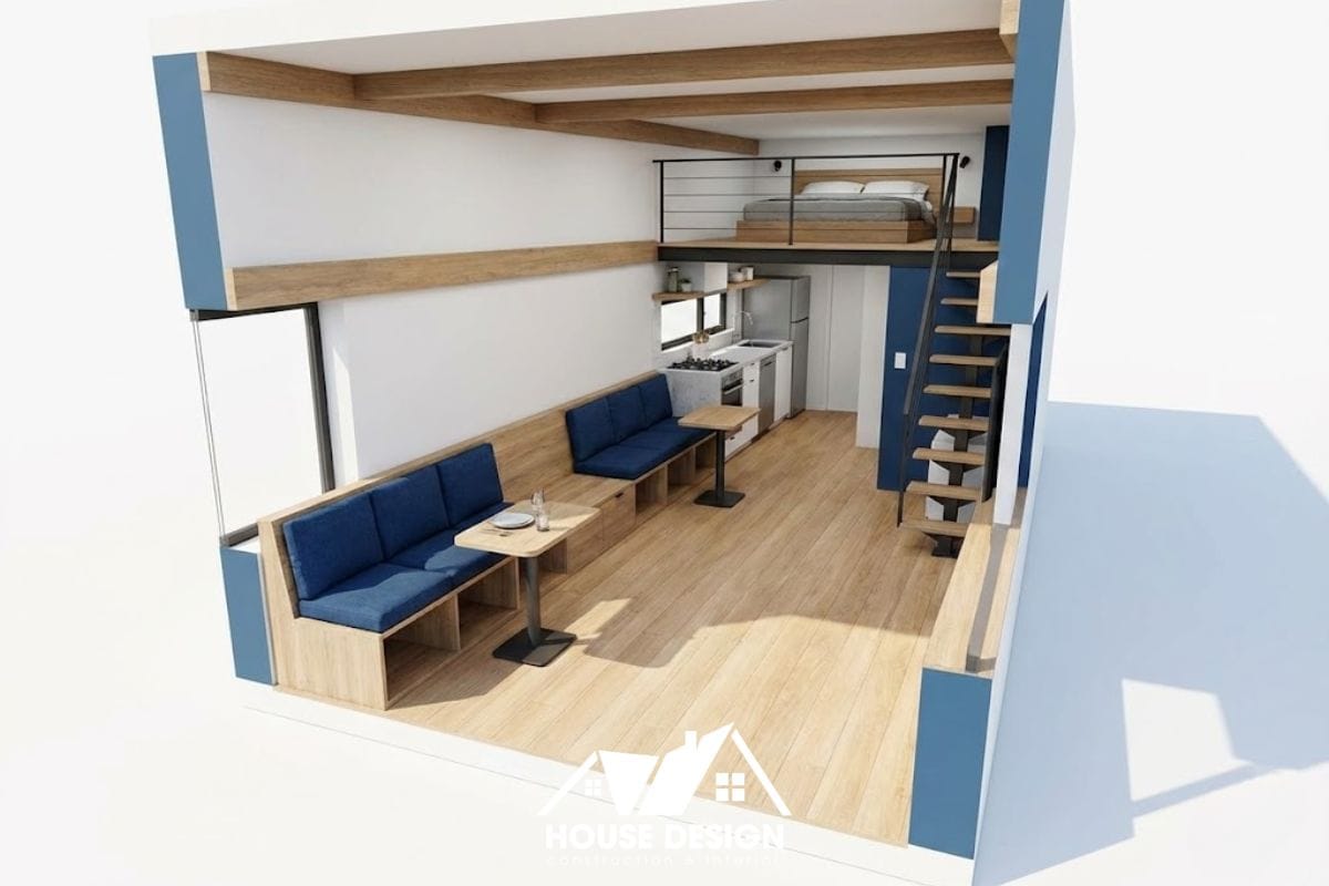 mô hình 3D căn hộ hẹp ngang sử dụng ghế bench dài tiết kiệm diện tích