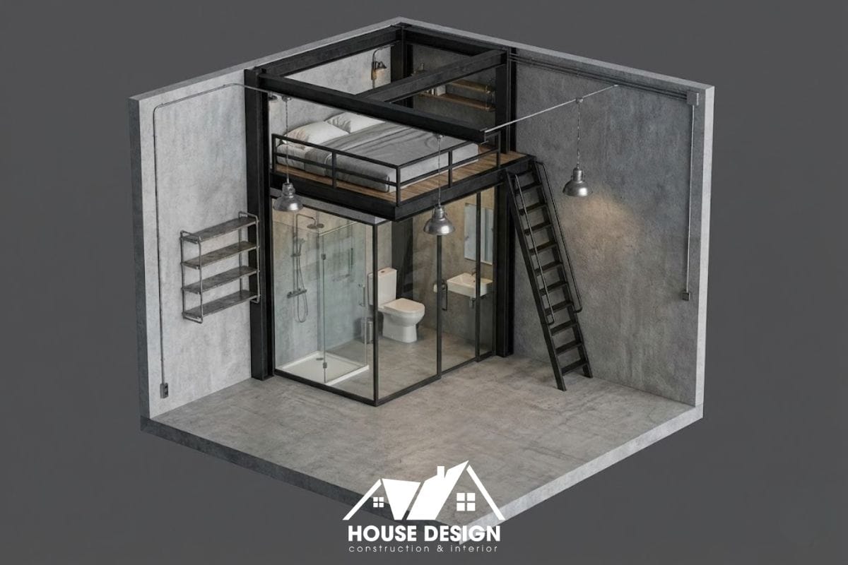 thiết kế 3D căn hộ studio phong cách industrial với gác lửng khung thép