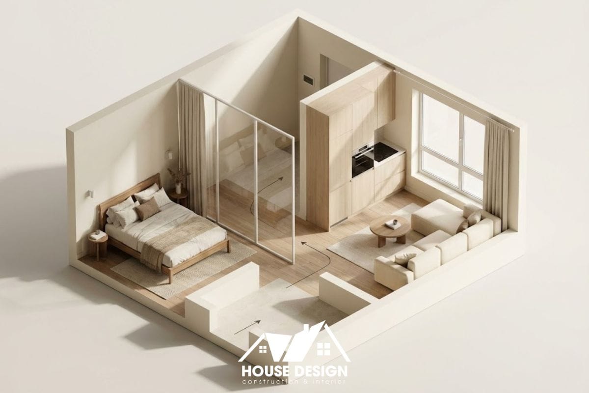 Mô hình 3D căn hộ studio dùng vách kính ngăn phòng ngủ và phòng khách.