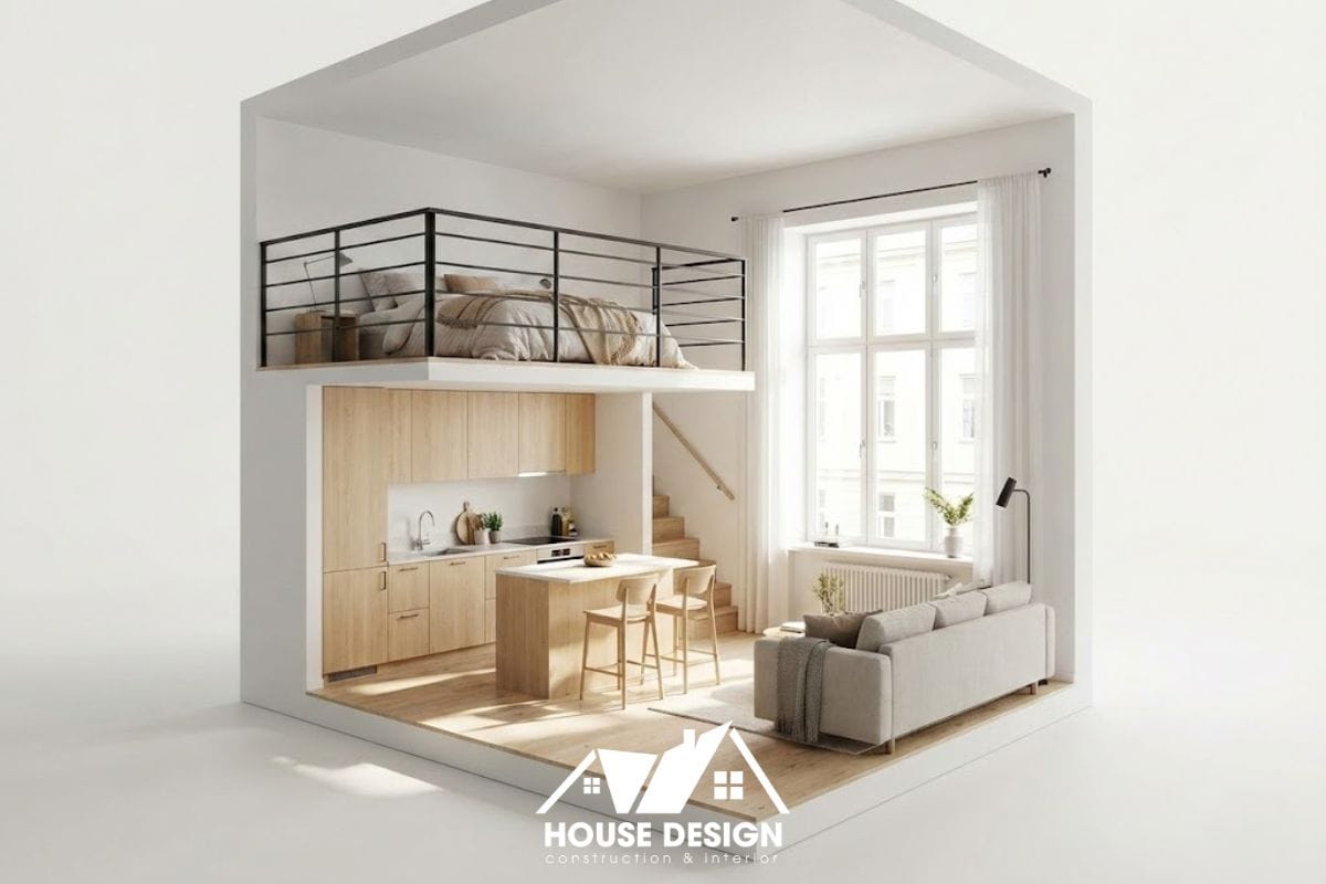 mô hình 3D căn hộ gác lửng phong cách Scandinavian gỗ sáng màu