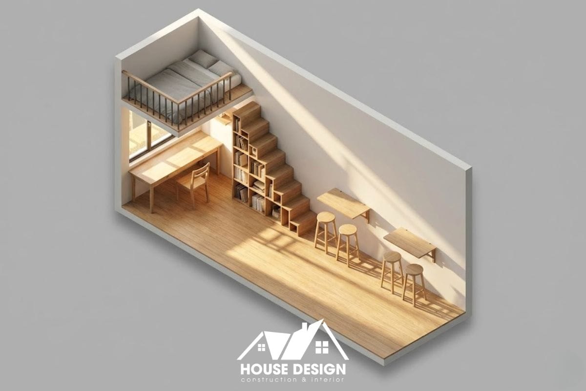 mô hình 3D bố trí nội thất nhà ống 15m2 hẹp dài với gác lửng cuối phòng