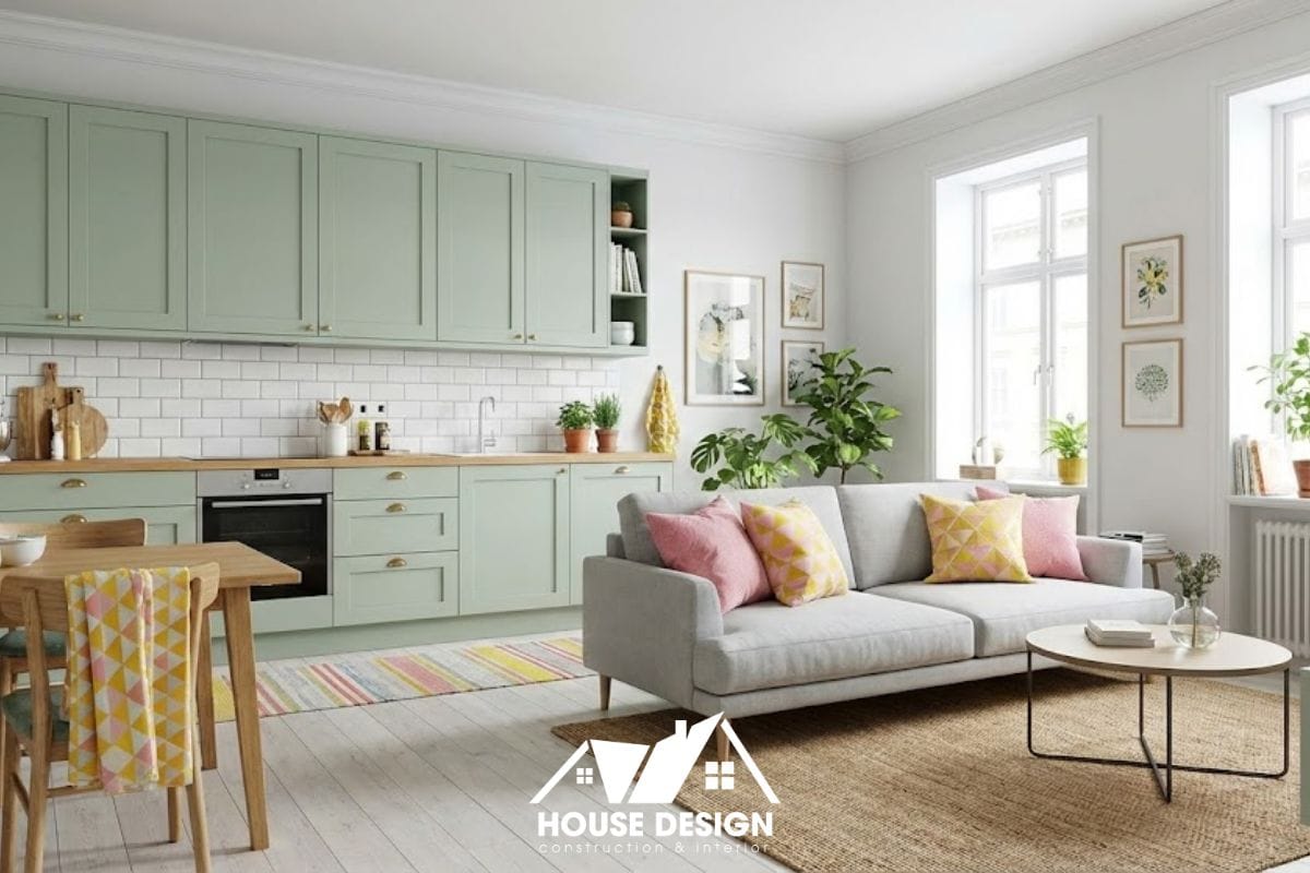 bếp liền phòng khách phong cách bắc âu màu xanh pastel