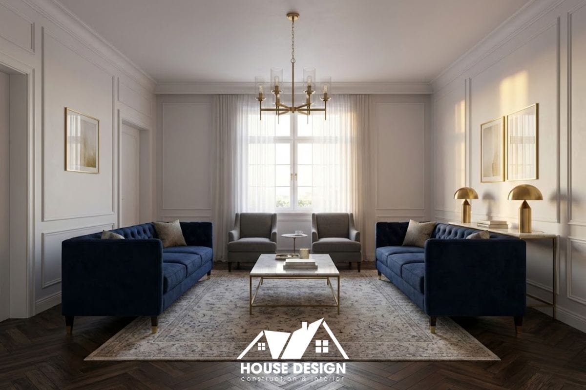 Phòng khách chung cư phong cách Modern Classic với phào chỉ tường tinh tế và sofa nhung.