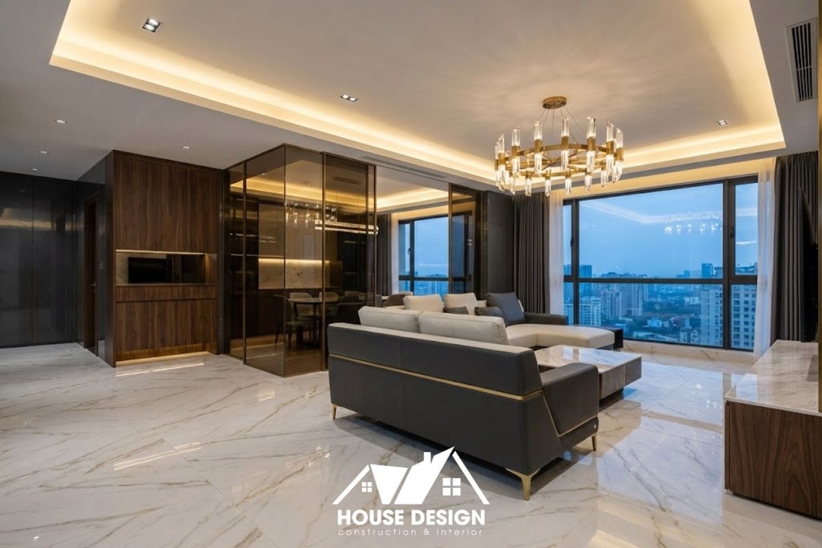 Nội thất chung cư Modern Luxury cao cấp với đá marble và vật liệu bóng gương sang trọng.