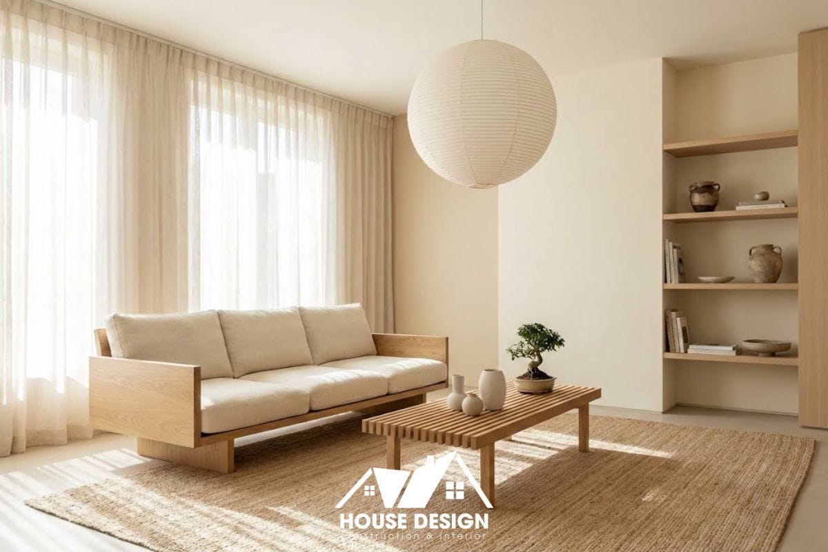 Căn hộ chung cư phong cách Japandi kết hợp gỗ sồi sáng màu và nội thất thấp sàn.