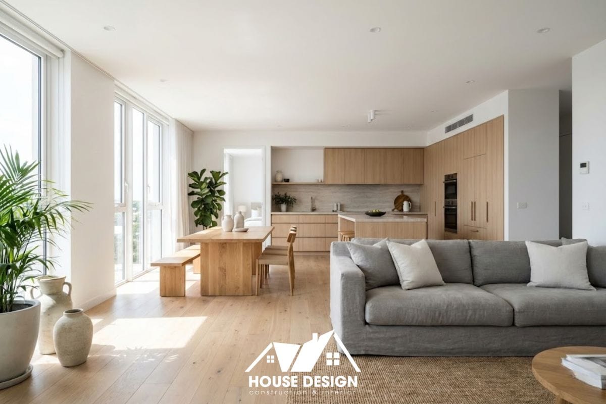 Không gian nội thất căn hộ chung cư hiện đại với phòng khách liền bếp đầy đủ tiện nghi cơ bản