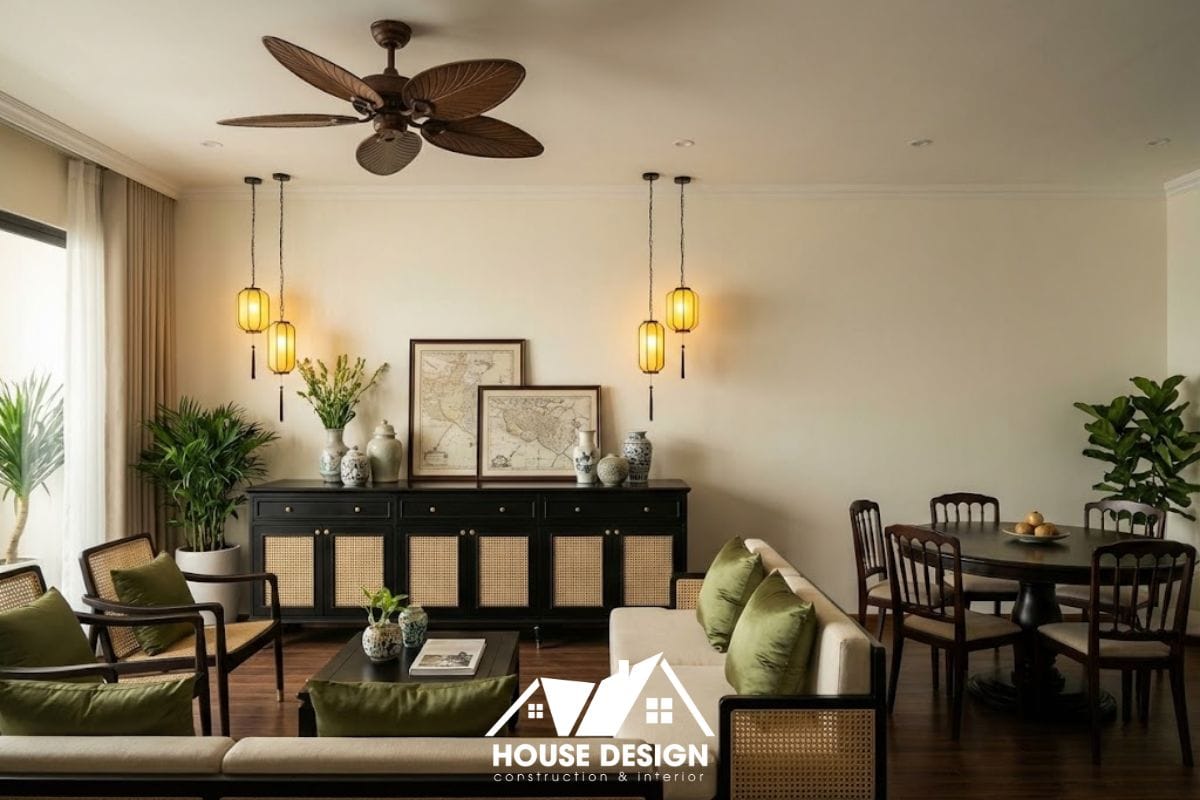 Nội thất gỗ đen kết hợp mây tre đan trong phòng khách Indochine hiện đại.