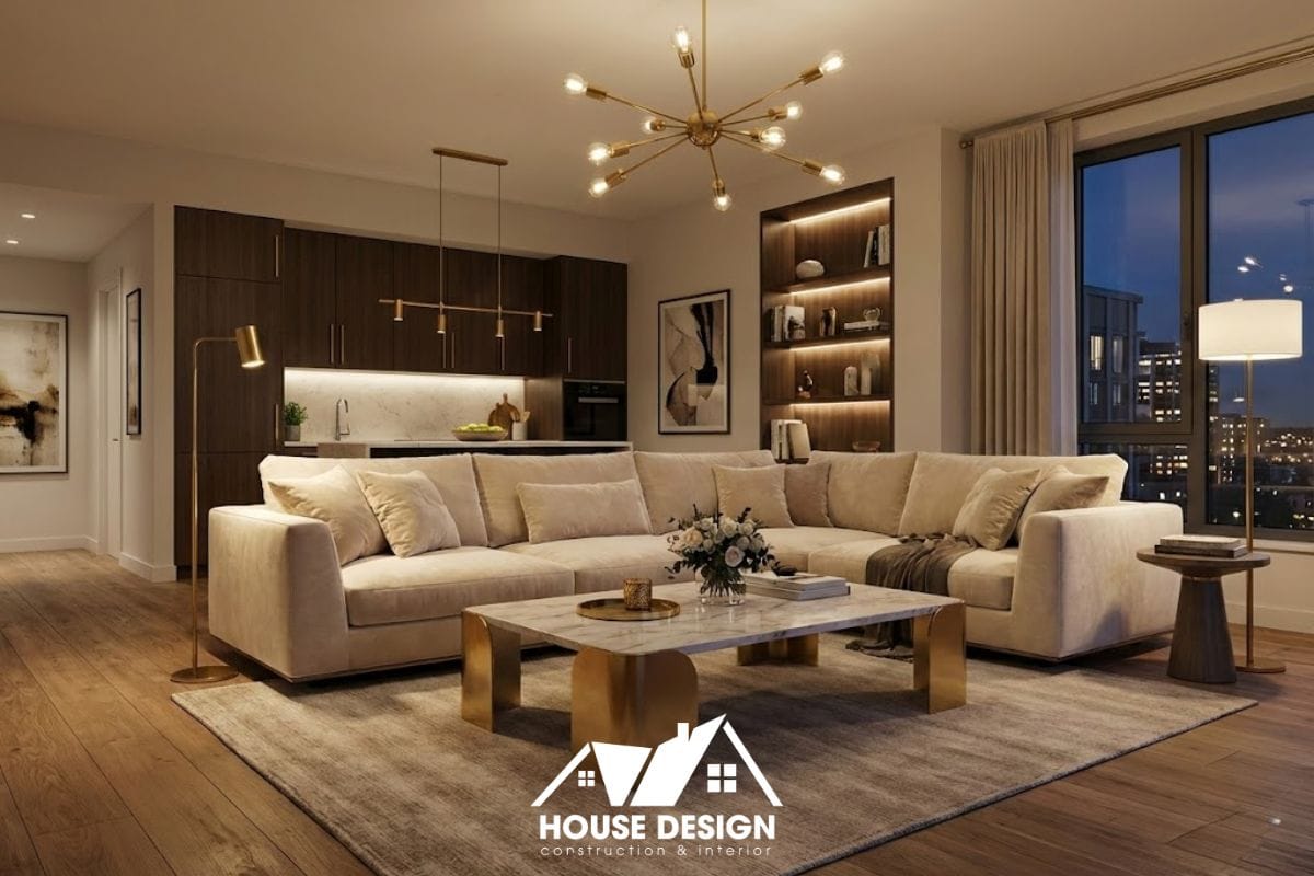 ội thất phòng khách liền bếp hiện đại phối chi tiết mạ vàng