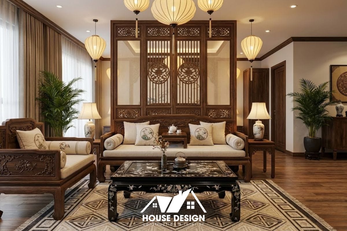 Bộ bàn ghế gỗ và sofa đệm nỉ đặc trưng trong phòng khách chung cư phong cách Indochine.