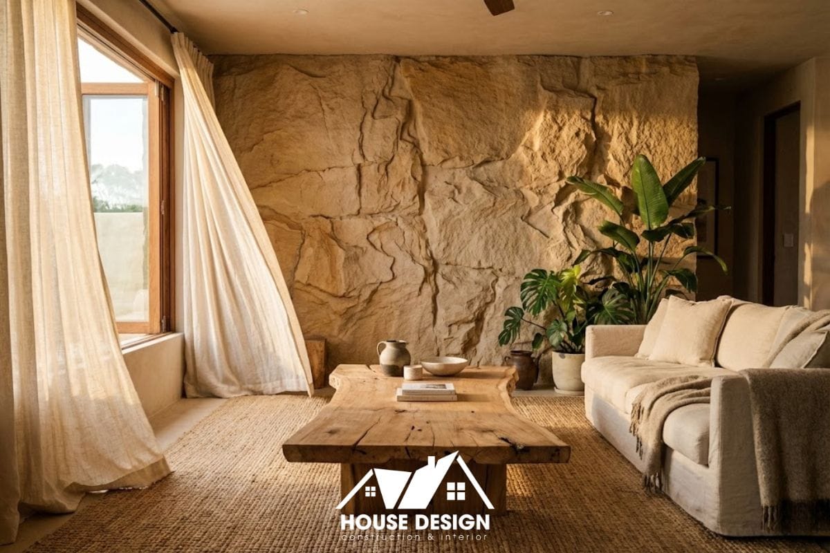 Chi tiết bàn trà gỗ nguyên khối và thảm đay trong không gian phòng khách Eco-Luxury.