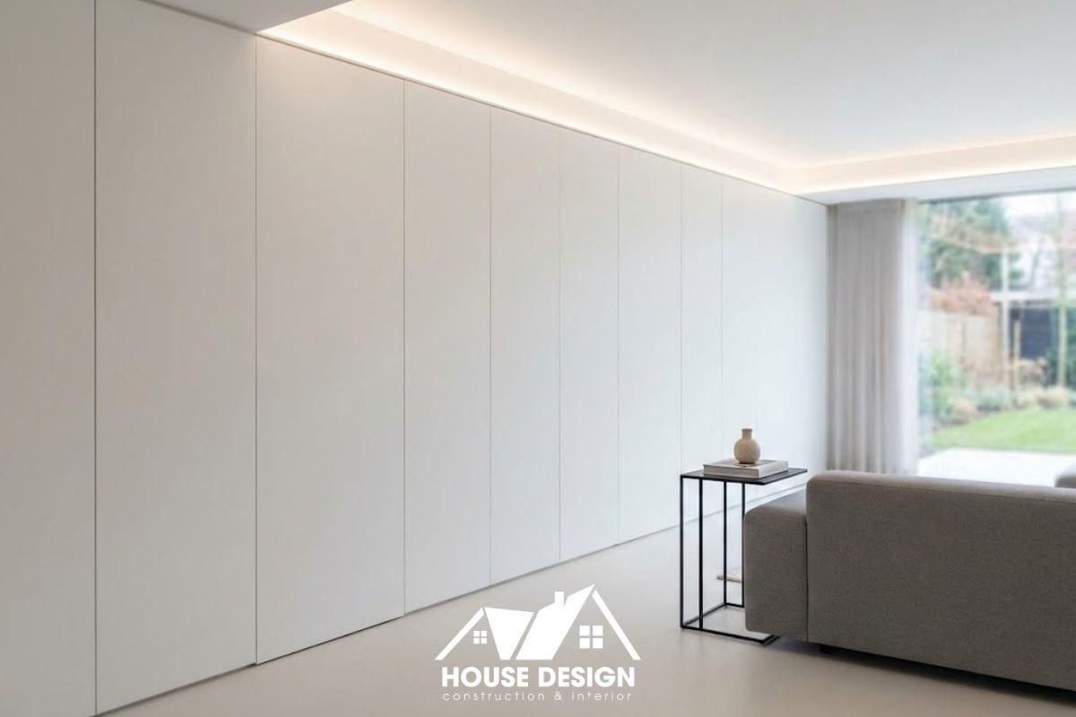 Hệ tủ âm tường và nội thất thông minh trong phòng khách tối giản.