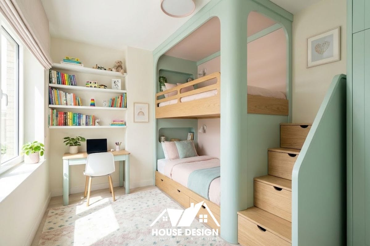 Giường tầng tích hợp bàn học và ngăn kéo lưu trữ cho phòng ngủ trẻ em diện tích nhỏ.