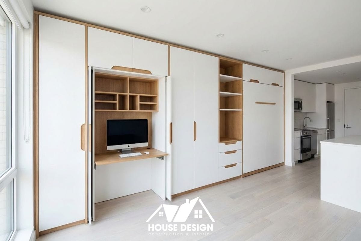 Hệ tủ quần áo tích hợp bàn làm việc và giường gấp thông minh trong căn hộ studio nhỏ.