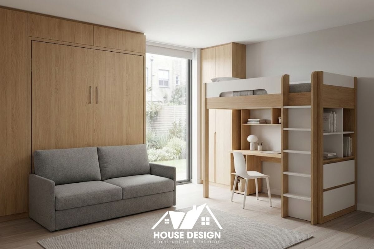 Giường gấp thông minh hoặc giường tầng tích hợp bàn học giúp tiết kiệm diện tích cho phòng ngủ cải tạo nhỏ hẹp.