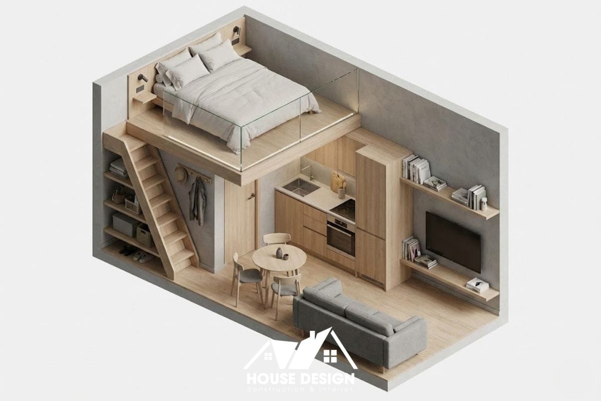 sơ đồ bố trí nội thất 3D cho căn hộ siêu nhỏ 18m2 có gác xép