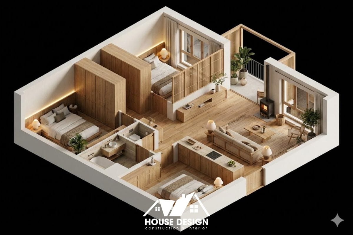 Thiết kế 3D căn hộ 70m2 Japandi gom 2 vệ sinh về một phía